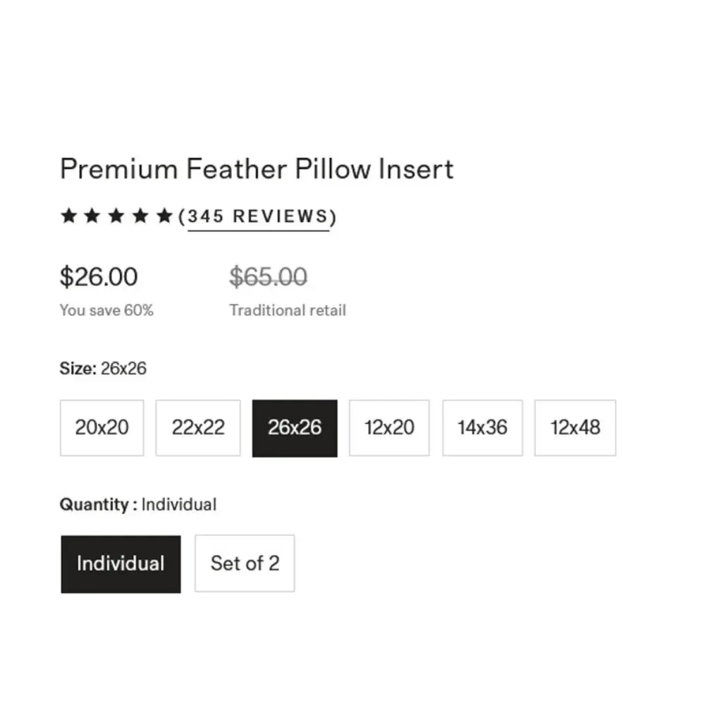 Quince Premium Feather Pillow Insert 26x26 NWOT